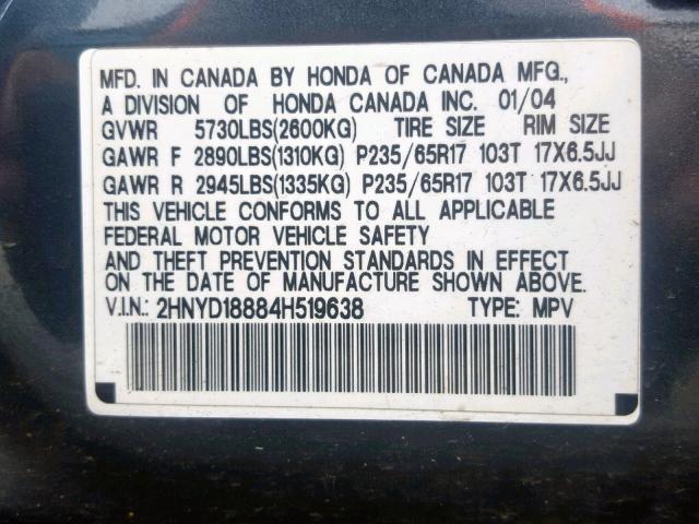 2HNYD18884H519638 - 2004 ACURA MDX TOURIN GRAY photo 10