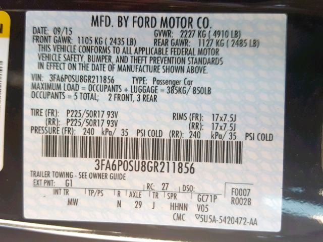 3FA6P0SU8GR211856 - 2016 FORD FUSION TIT BLACK photo 10