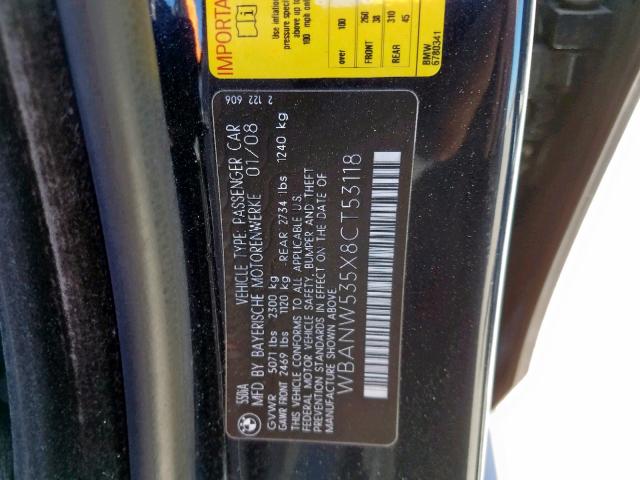 WBANW535X8CT53118 - 2008 BMW 550 I BLACK photo 10