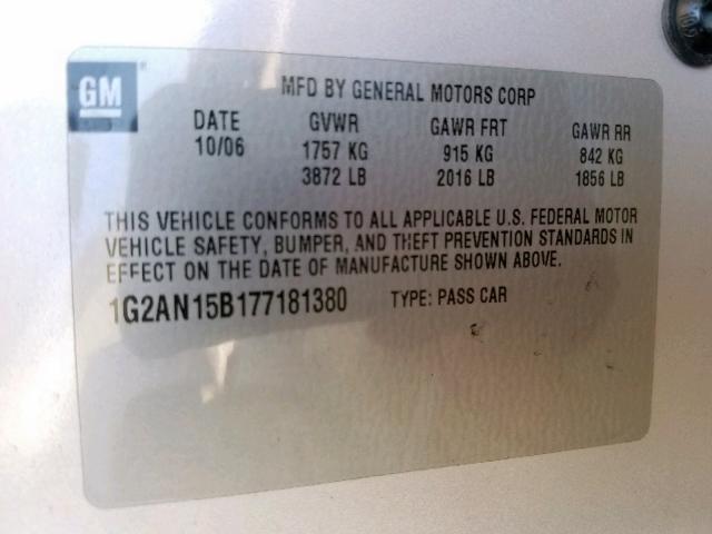 1G2AN15B177181380 - 2007 PONTIAC G5 GT SILVER photo 10