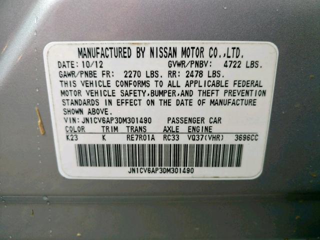 JN1CV6AP3DM301490 - 2013 INFINITI G37 BASE SILVER photo 10