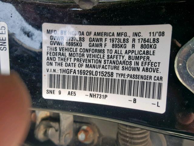 1HGFA16929L015258 - 2009 HONDA CIVIC EXL BLACK photo 10