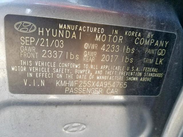 KMHWF25SX4A954765 - 2004 HYUNDAI SONATA GL GRAY photo 10