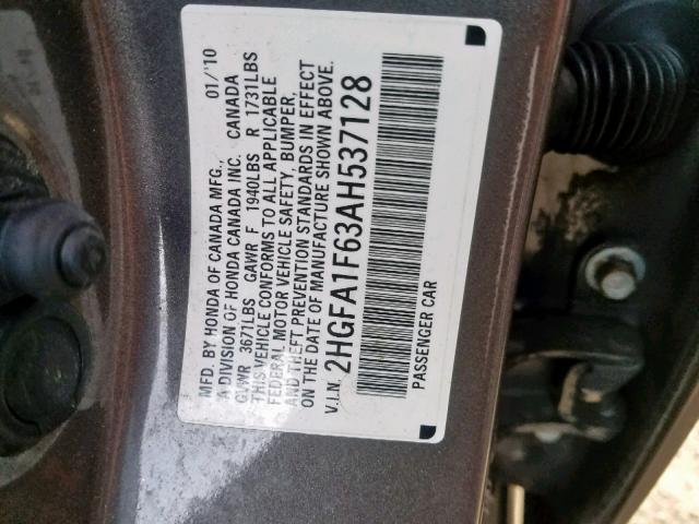 2HGFA1F63AH537128 - 2010 HONDA CIVIC LX-S 灰色 照片 10