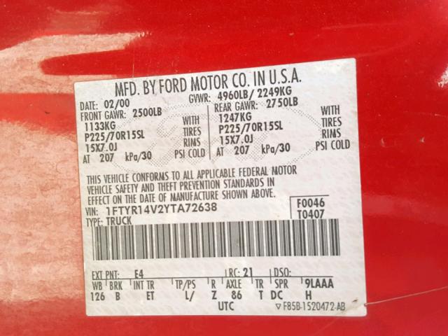 1FTYR14V2YTA72638 - 2000 FORD RANGER SUP RED photo 10