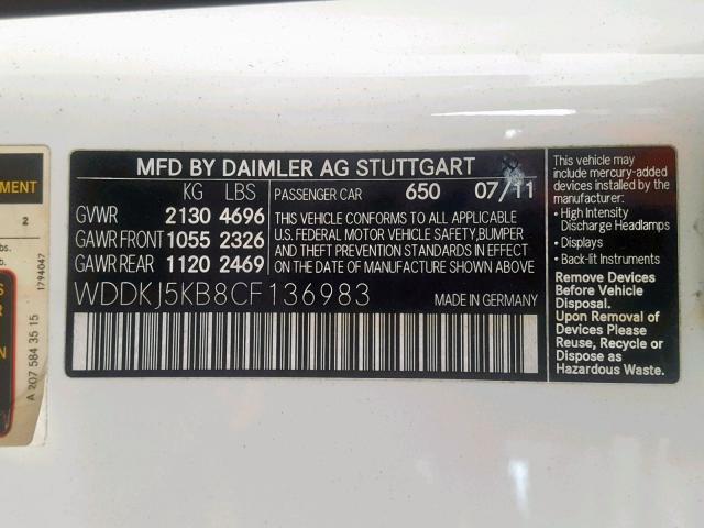 WDDKJ5KB8CF136983 - 2012 MERCEDES-BENZ E 350 WHITE photo 10