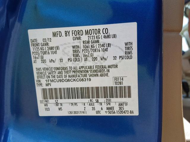 1FMCU9DG6CKC08319 - 2012 FORD ESCAPE XLT BLUE photo 10