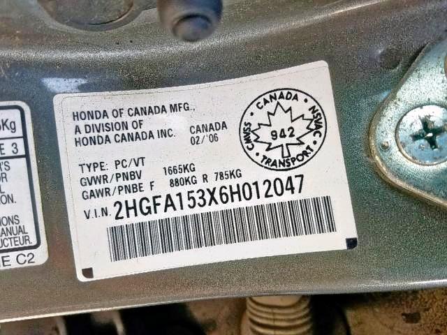 2HGFA153X6H012047 - 2006 HONDA CIVIC DX GRAY photo 9