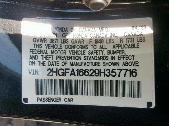 2HGFA16629H357716 - 2009 HONDA CIVIC LX-S Qara foto 10