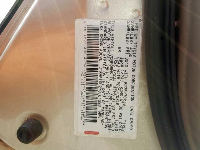 JT6HF10U2Y0104292 - 2000 LEXUS RX 300 GOLD photo 10