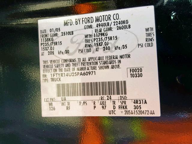 1FTYR14U25PA60971 - 2005 FORD RANGER SUP BLACK photo 10