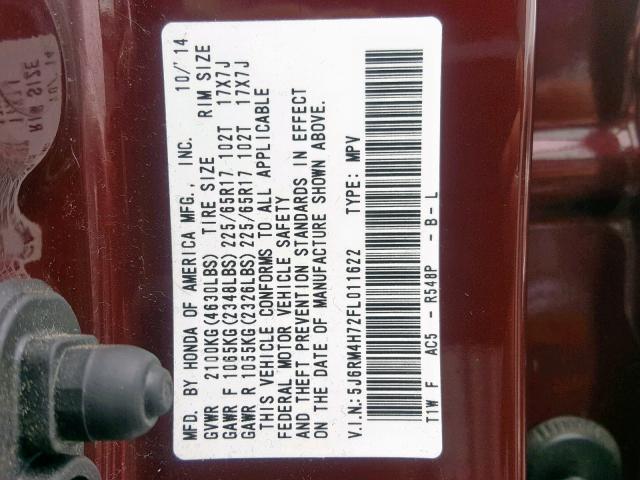 5J6RM4H72FL011622 - 2015 HONDA CR-V EXL MAROON photo 10