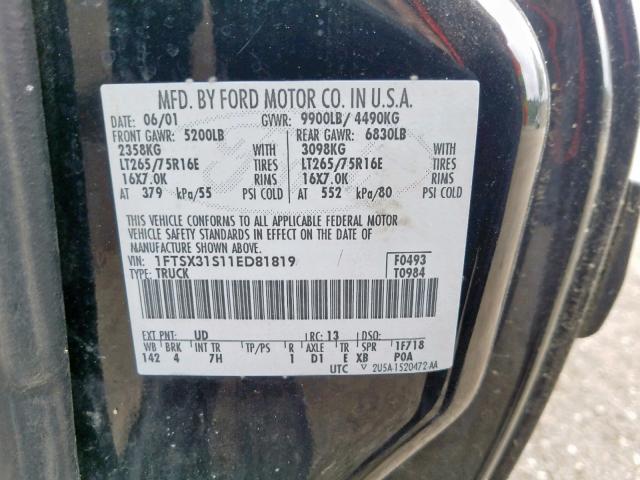 1FTSX31S11ED81819 - 2001 FORD F350 SRW S BLACK photo 10