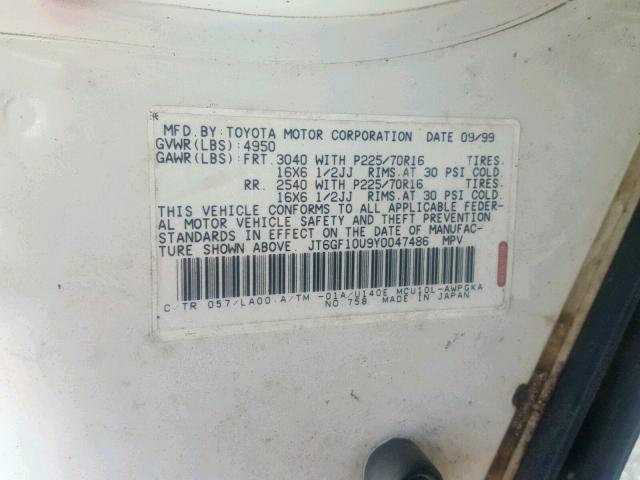 JT6GF10U9Y0047486 - 2000 LEXUS RX 300 WHITE photo 10