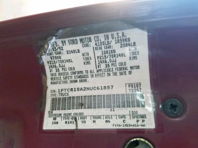 1FTCR10A2NUC61857 - 1992 FORD RANGER MAROON photo 10