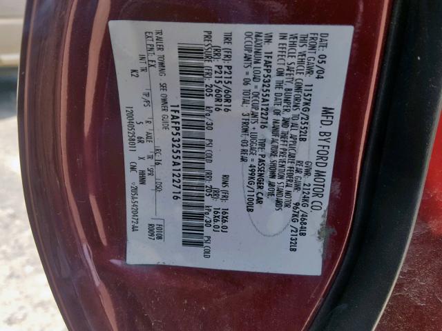 1FAFP53255A122716 - 2005 FORD TAURUS SE RED photo 10