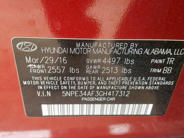 5NPE34AF3GH417312 - 2016 HYUNDAI SONATA SPO RED photo 10