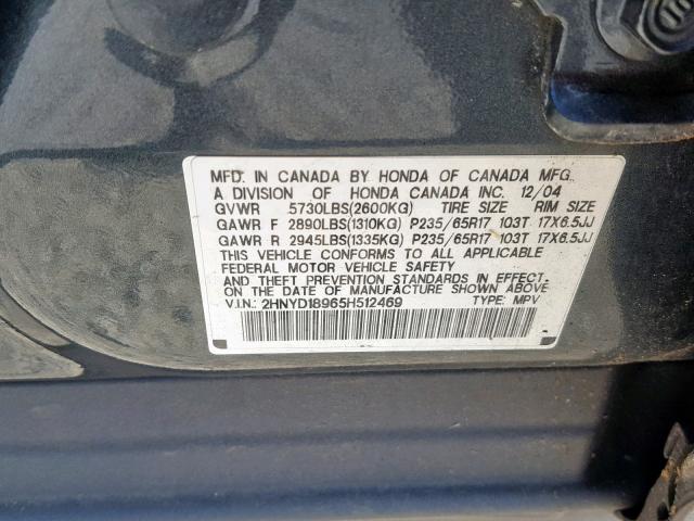 2HNYD18965H512469 - 2005 ACURA MDX TOURIN GRAY photo 10