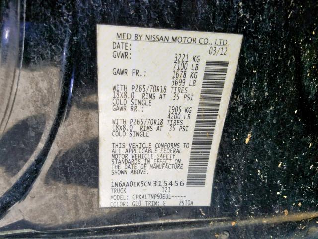 1N6AA0EK5CN315456 - 2012 NISSAN TITAN S BLACK photo 10