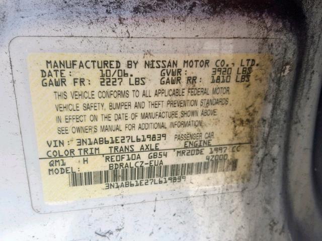 3N1AB61E27L619839 - 2007 NISSAN SENTRA 2.0 WHITE photo 10