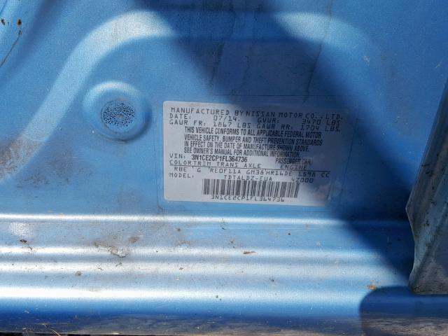 3N1CE2CP1FL364736 - 2015 NISSAN VERSA NOTE BLUE photo 10