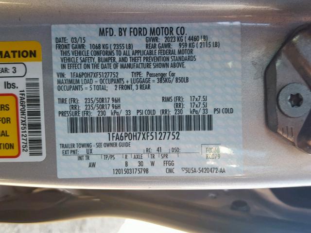 1FA6P0H7XF5127752 - 2015 FORD FUSION SE SILVER photo 10