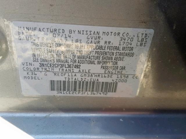 3N1CE2CP3FL367492 - 2015 NISSAN VERSA NOTE GRAY photo 10