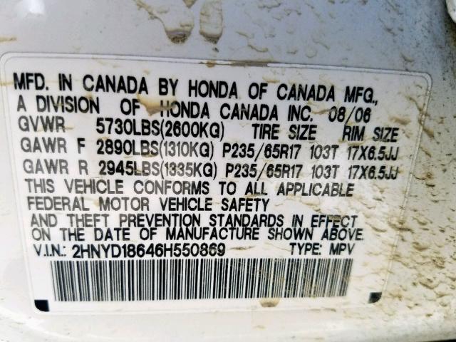 2HNYD18646H550869 - 2006 ACURA MDX TOURIN WHITE photo 10