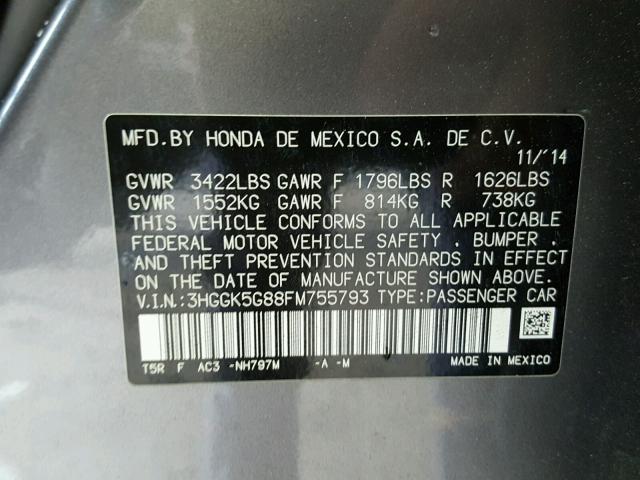 3HGGK5G88FM755793 - 2015 HONDA FIT EX GRAY photo 10