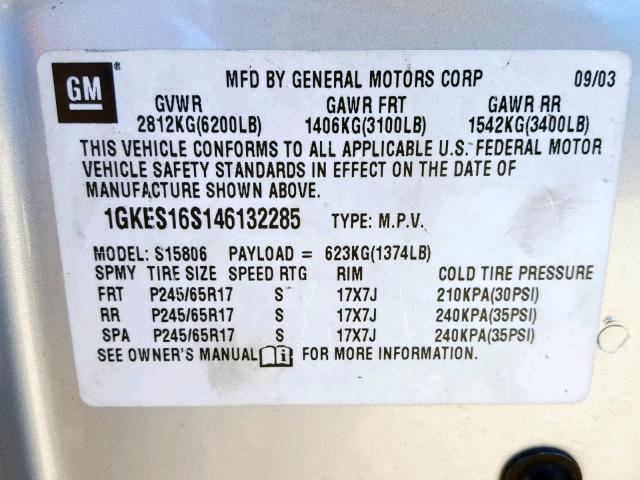 1GKES16S146132285 - 2004 GMC ENVOY XL SILVER photo 10