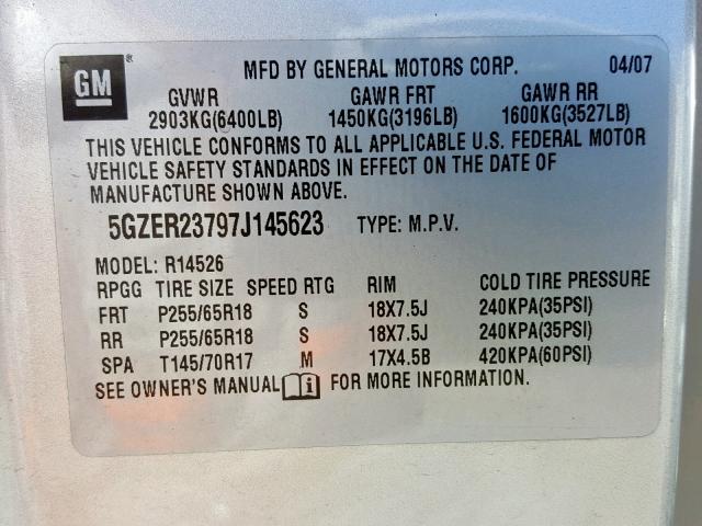 5GZER23797J145623 - 2007 SATURN OUTLOOK XR ვერცხლისფერი ფოტო 10
