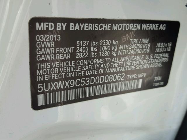 5UXWX9C53D0D08062 - 2013 BMW X3 XDRIVE2 WHITE photo 10