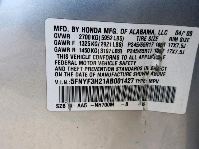 5FNYF3H21AB001427 - 2010 HONDA PILOT LX SILVER photo 10