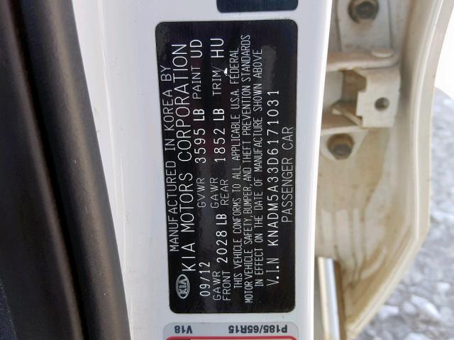 KNADM5A33D6171031 - 2013 KIA RIO LX WHITE photo 10