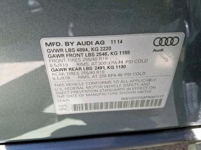 WA1GFCFS2FR007117 - 2015 AUDI Q3 PRESTIG GRAY photo 10