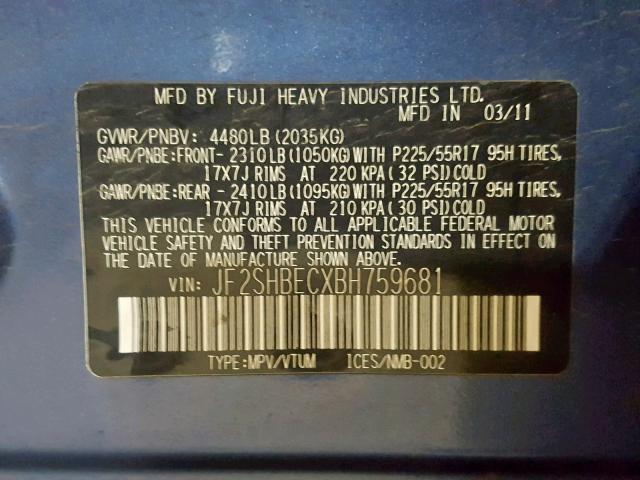 JF2SHBECXBH759681 - 2011 SUBARU FORESTER L BLUE photo 10