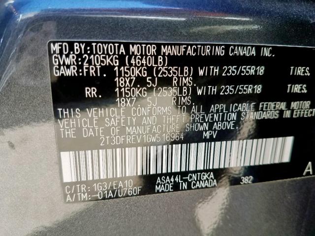 2T3DFREV1GW516964 - 2016 TOYOTA RAV4 LIMIT CHARCOAL photo 10