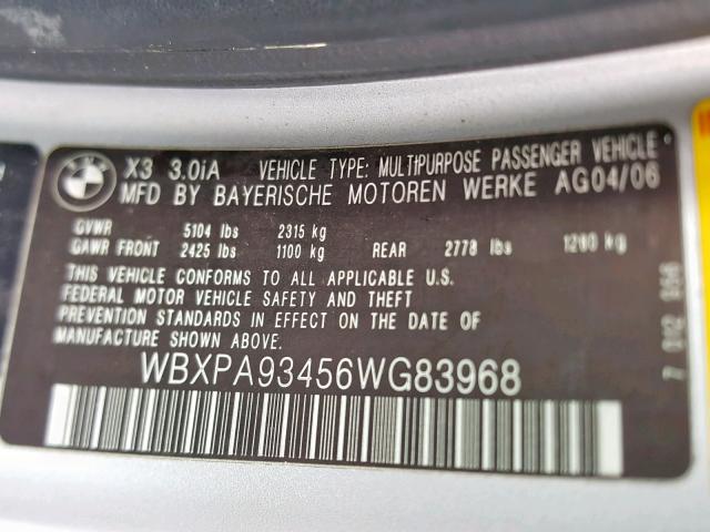 WBXPA93456WG83968 - 2006 BMW X3 3.0I SILVER photo 10