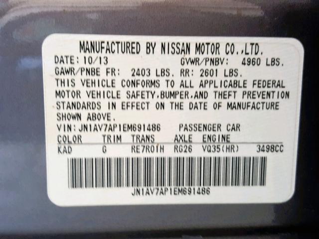 JN1AV7AP1EM691486 - 2014 INFINITI Q50 HYBRID CHARCOAL photo 10