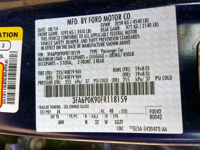 3FA6P0K90FR118159 - 2015 FORD FUSION TIT BLUE photo 10