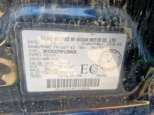 3N1CK3CP9FL208636 - 2015 NISSAN MICRA BLACK photo 9