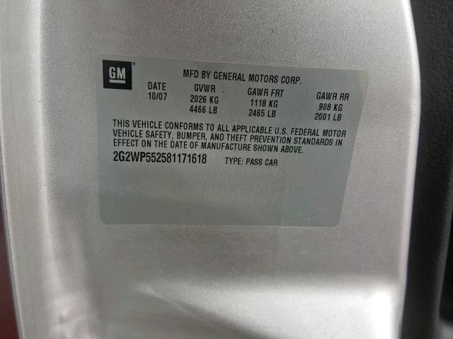 2G2WP552581171618 - 2008 PONTIAC GRAND PRIX SILVER photo 10