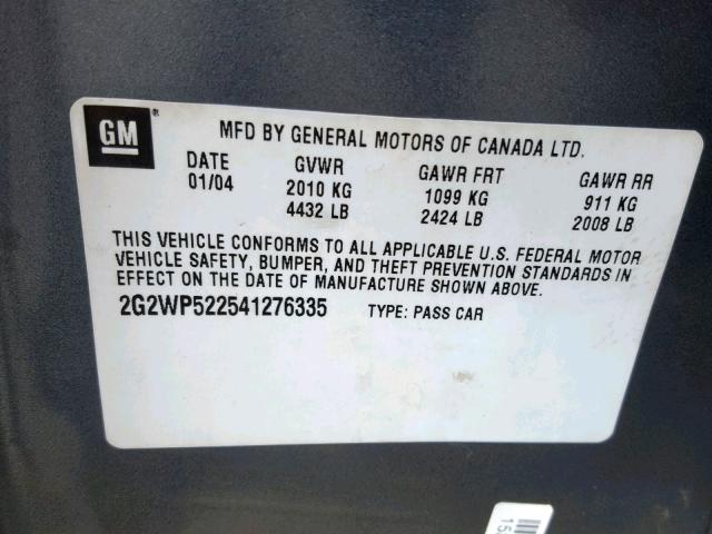 2G2WP522541276335 - 2004 PONTIAC GRAND PRIX GRAY photo 10