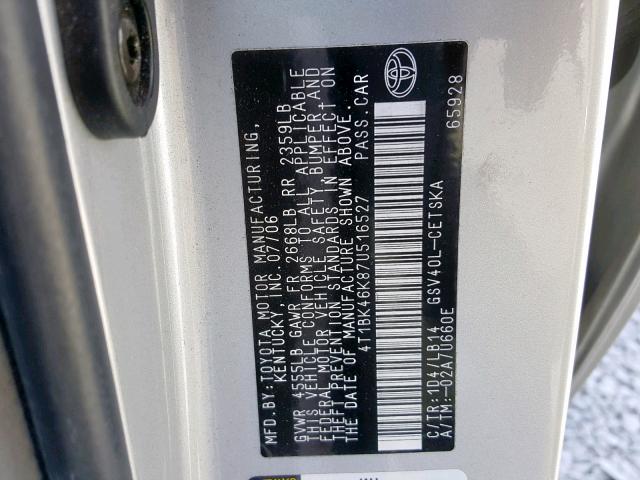 4T1BK46K87U516527 - 2007 TOYOTA CAMRY NEW SILVER photo 10