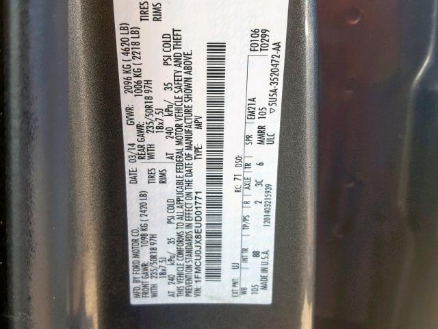 1FMCU0JX8EUD01771 - 2014 FORD ESCAPE TIT GRAY photo 10