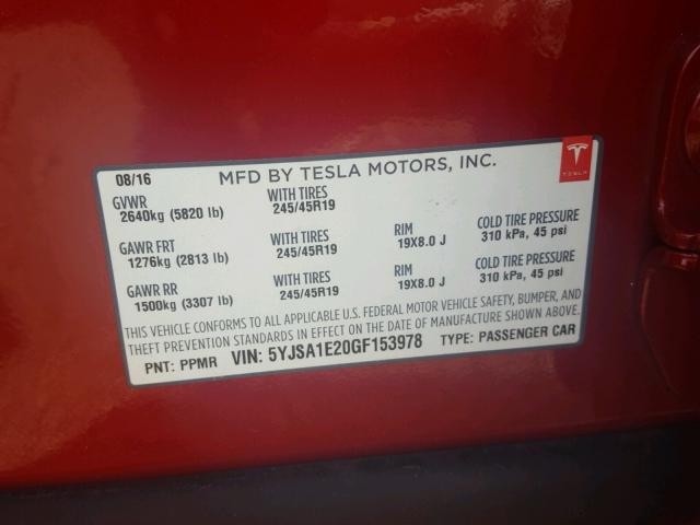 5YJSA1E20GF153978 - 2016 TESLA MODEL S RED photo 10