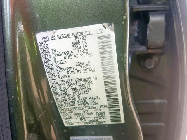 5N1DD28T03C666189 - 2003 NISSAN XTERRA XE GREEN photo 10