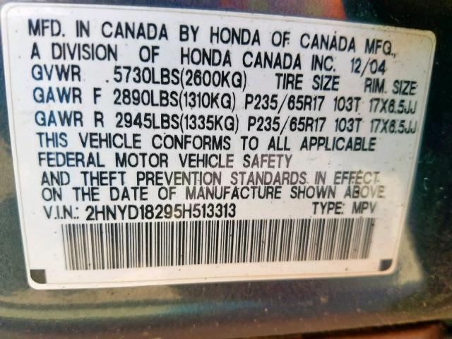 2HNYD18295H513313 - 2005 ACURA MDX GRAY photo 10