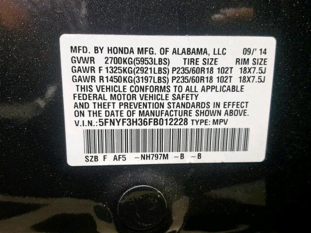 5FNYF3H36FB012228 - 2015 HONDA PILOT SE GRAY photo 10