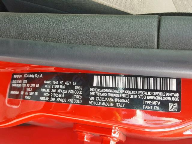 ZACCJAAB4HPE50448 - 2017 JEEP RENEGADE S RED photo 10